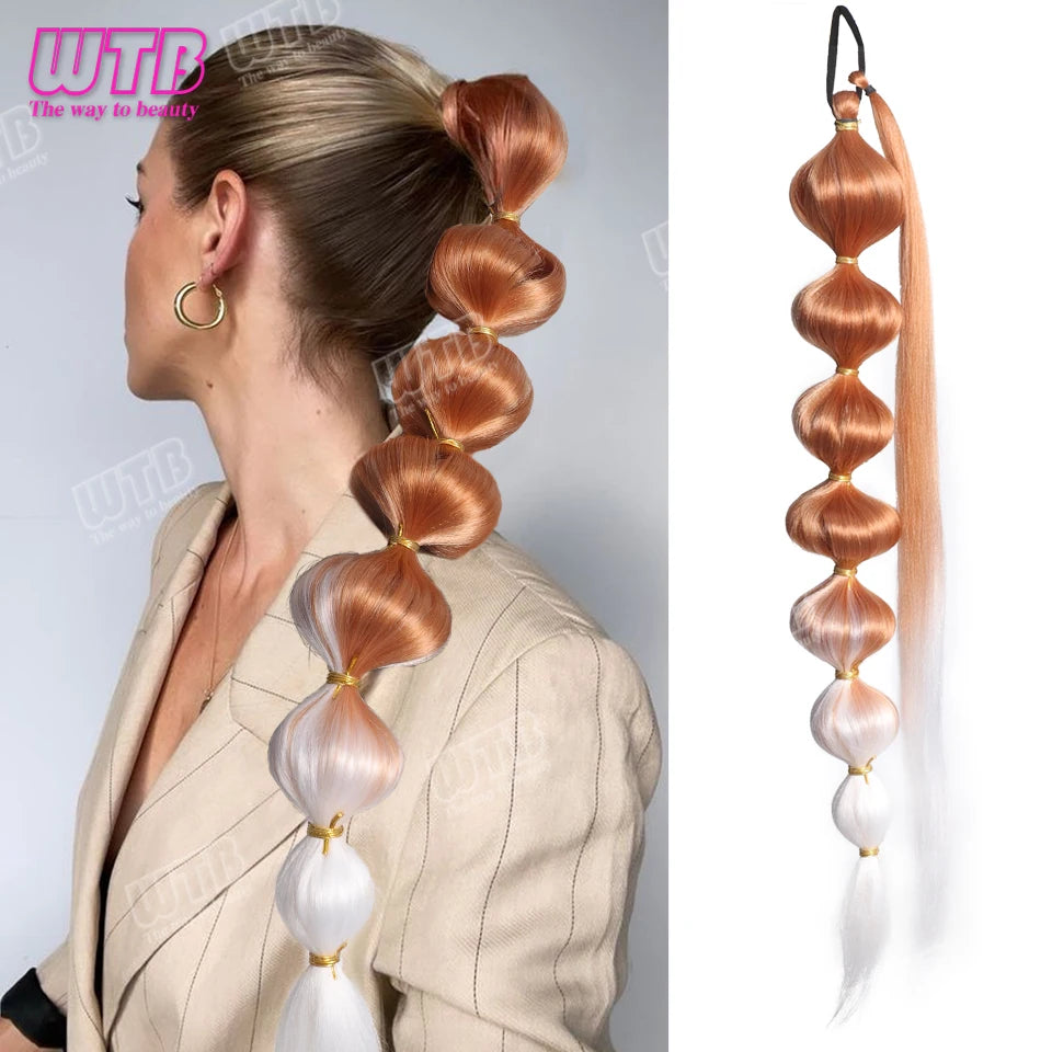 WTB Extensions de cheveux synthétiques en queue de cheval à bulles noires, afro, longues tresses, queue de cheval enveloppante en forme de lanterne pour femmes