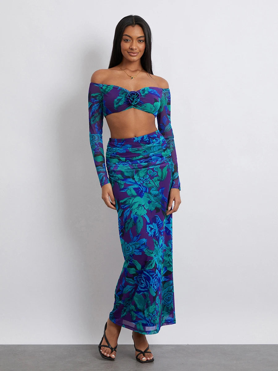 Women Skirt Set Flower Print Long Sleeve Off-shoulder Crop Top with High Waist Long Skirt Fall Outfit