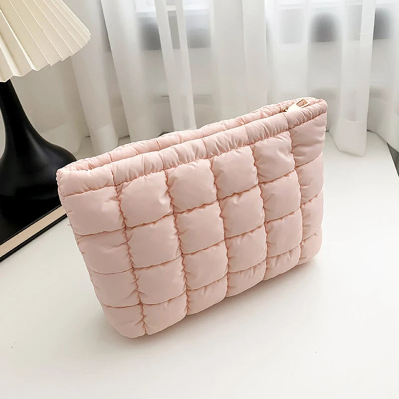 Neceser acolchado para mujer, bolsa de almacenamiento de maquillaje acolchada, neceser hinchable, bolsa organizadora de cosméticos grande, bolso de mano, estuche de belleza
