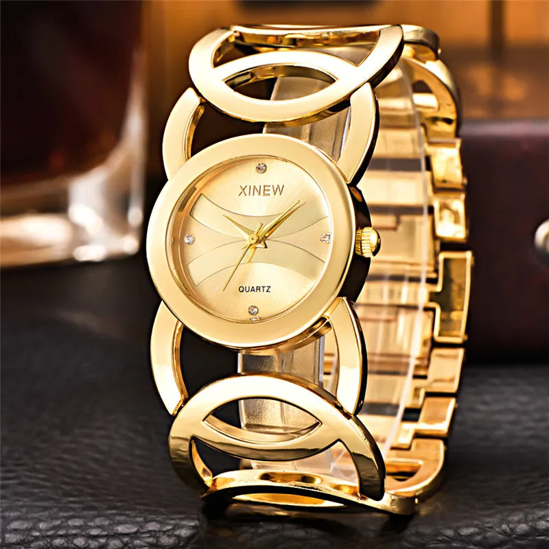 Mujeres Marca Grande Original XINEW 6438 Relojes Señoras Casual Dorado Lujo Cuarzo Pulsera Reloj Relogios Feminino Modas 2024