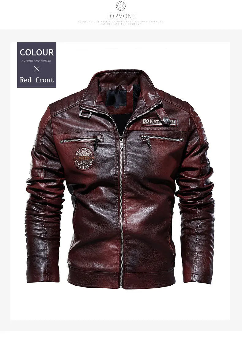 Chaqueta de Motociclista para Hombre, Chaquetas de Cuero PU para Motociclista con Forro Polar, Cortavientos de Moto para Hombre, Cuello Levantado, Chaquetas Casuales