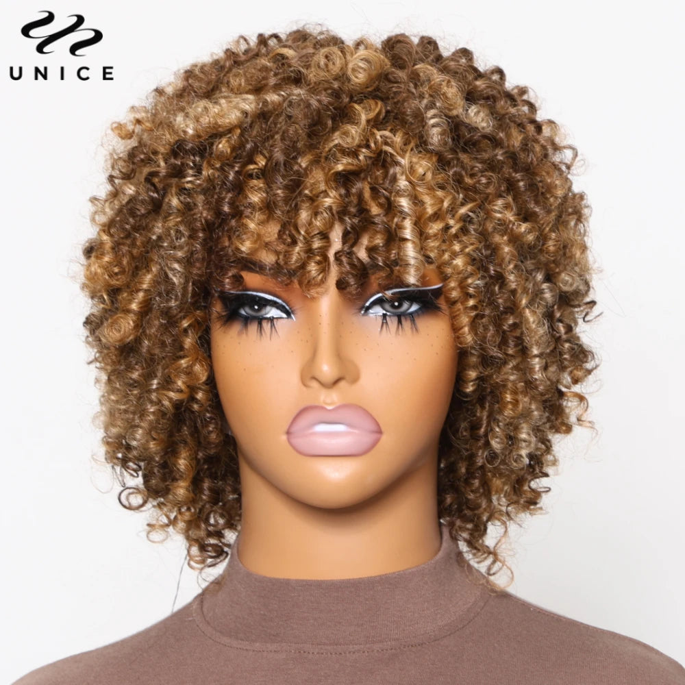 UNICE Peluca Afro Rizada Kinky Rubia con Reflejos y Flequillo 100% Cabello Humano Rizos Elásticos Pelucas Cortas de Cabello Humano Peluca Completamente Hecha a Máquina