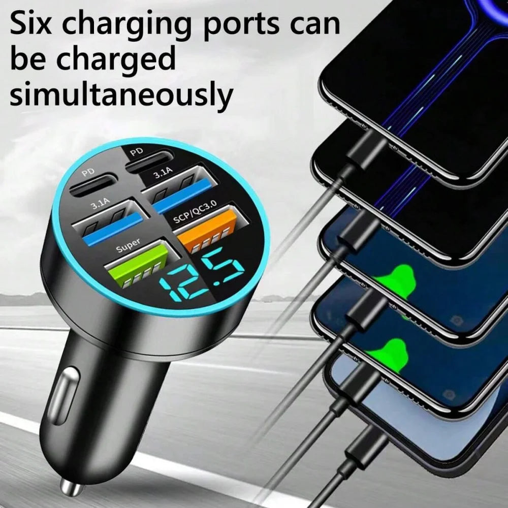 6 In 1 Fast Charging Car Charger PD QC3.0 USB C Digital Display For iPhone Samsung Vivo OPPO Oneplus Car Mobile Phones Adapter