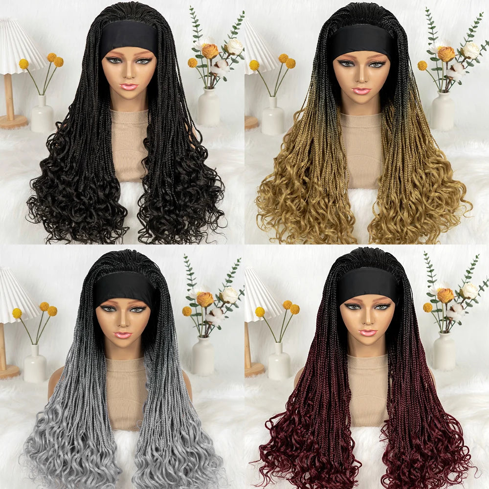 Silk Headband Wig Braided Wigs with Curly Ends Headband Wigs Knotless Braided Wig Easy to Wear for Black Women