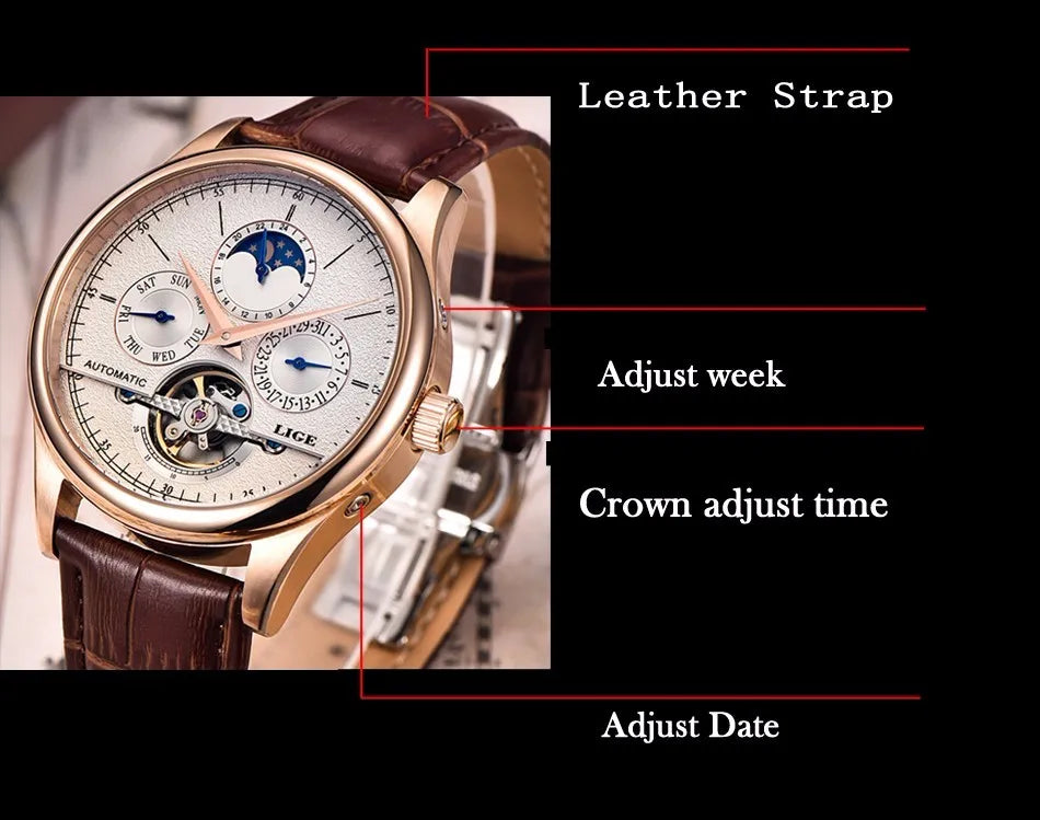 LIGE Relojes para hombre Reloj mecánico automático Reloj Tourbillon Piel auténtica Reloj impermeable Reloj de pulsera militar para hombre