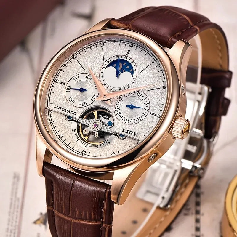 LIGE Relojes para hombre Reloj mecánico automático Reloj Tourbillon Piel auténtica Reloj impermeable Reloj de pulsera militar para hombre