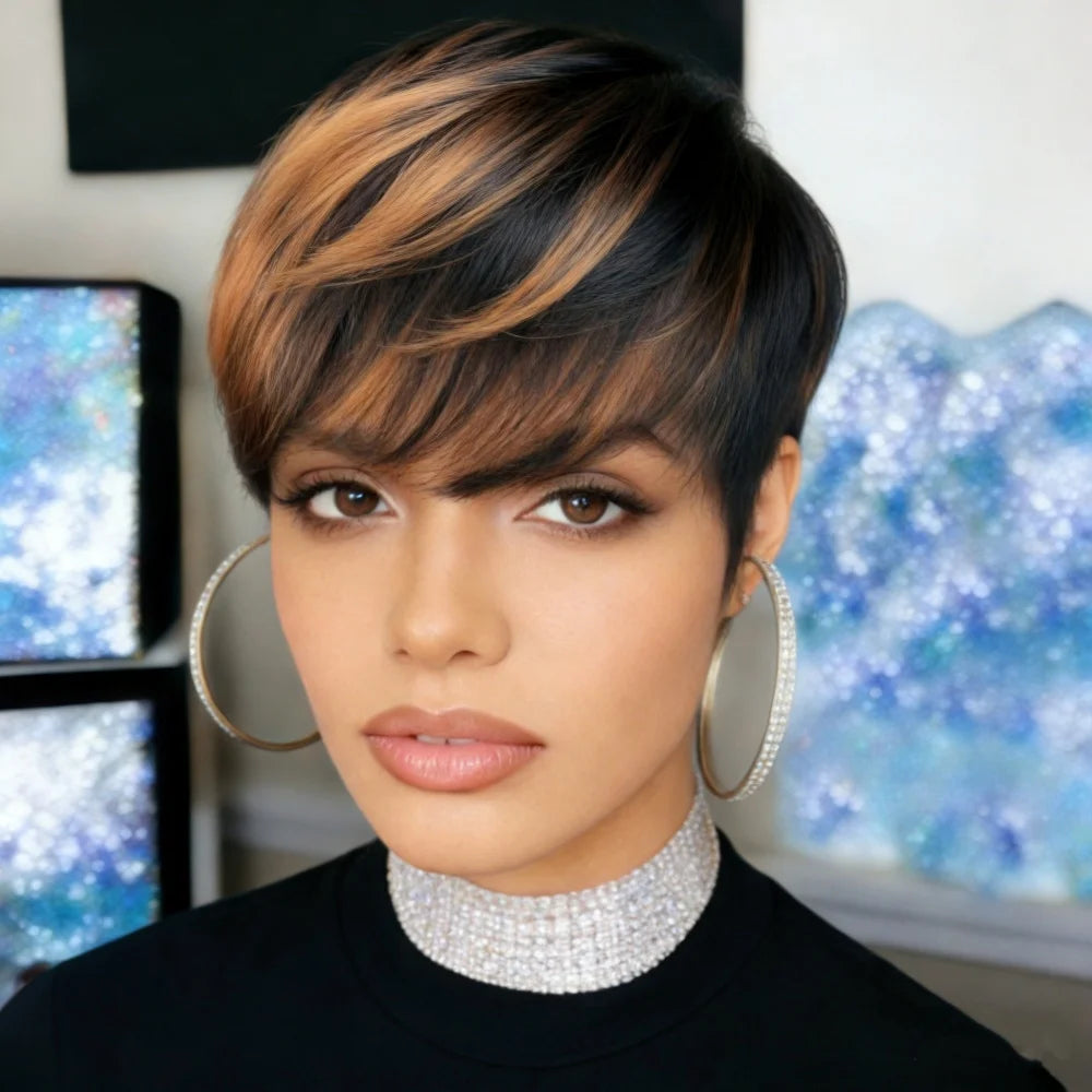 Straight Human Hair Wig Pixie Cut Human Hair Wig With Bangs Full Machine Made Wig Ombre Colored Wig