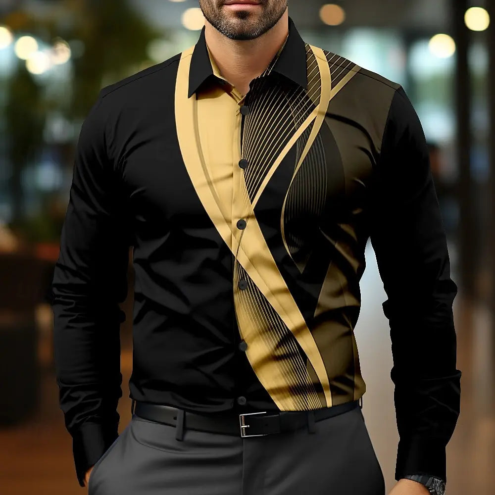 Camisa de hombre, camisas de manga larga de otoño para hombre, blusas estampadas en 3D, moda urbana, ropa de hombre casual de gran tamaño, camisas negras de negocios