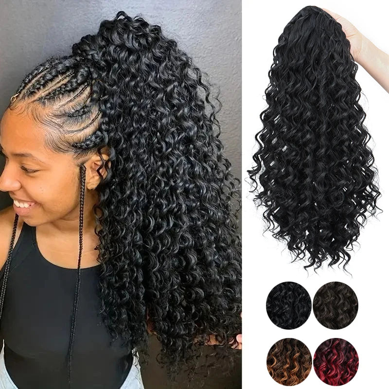 Queue de cheval synthétique de 18 pouces de long, bouclée et frisée, à clipser avec cordon de serrage, extension de cheveux afro noire et marron pour femmes