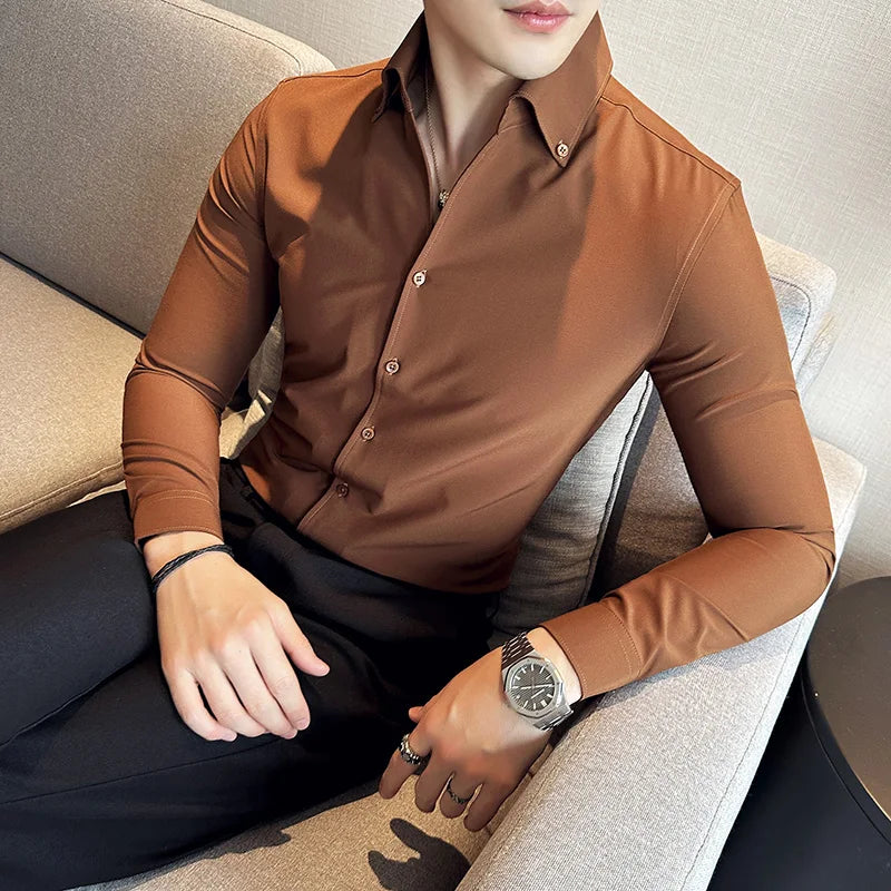 Camisa de vestir de hombre Otoño Estilo británico Liso Casual Ajustado Formal Camisas Cuello en V Manga Larga Camisa Ropa de hombre Streetwear
