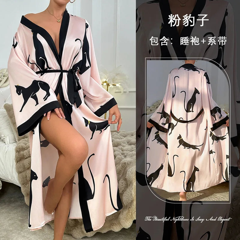 Vestido de fiesta de boda, moda, estampado, bata, ropa de mujer, camisón suelto de seda satinada, manga larga, bata de baño para mujer