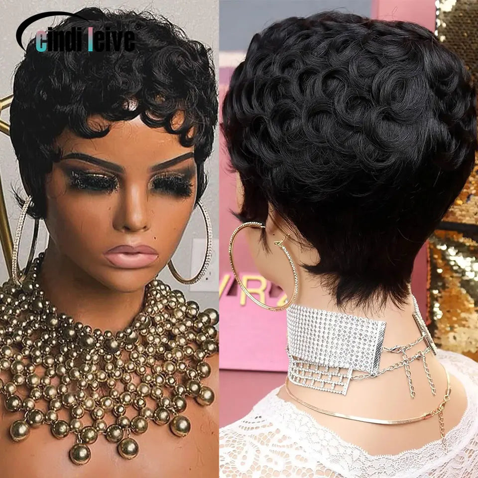 #1B Peluca rizada corta estilo Pixie para mujer, peluca rizada negra natural de cabello humano Remy peruano, peluca Bob hecha a máquina completa, densidad del 150%