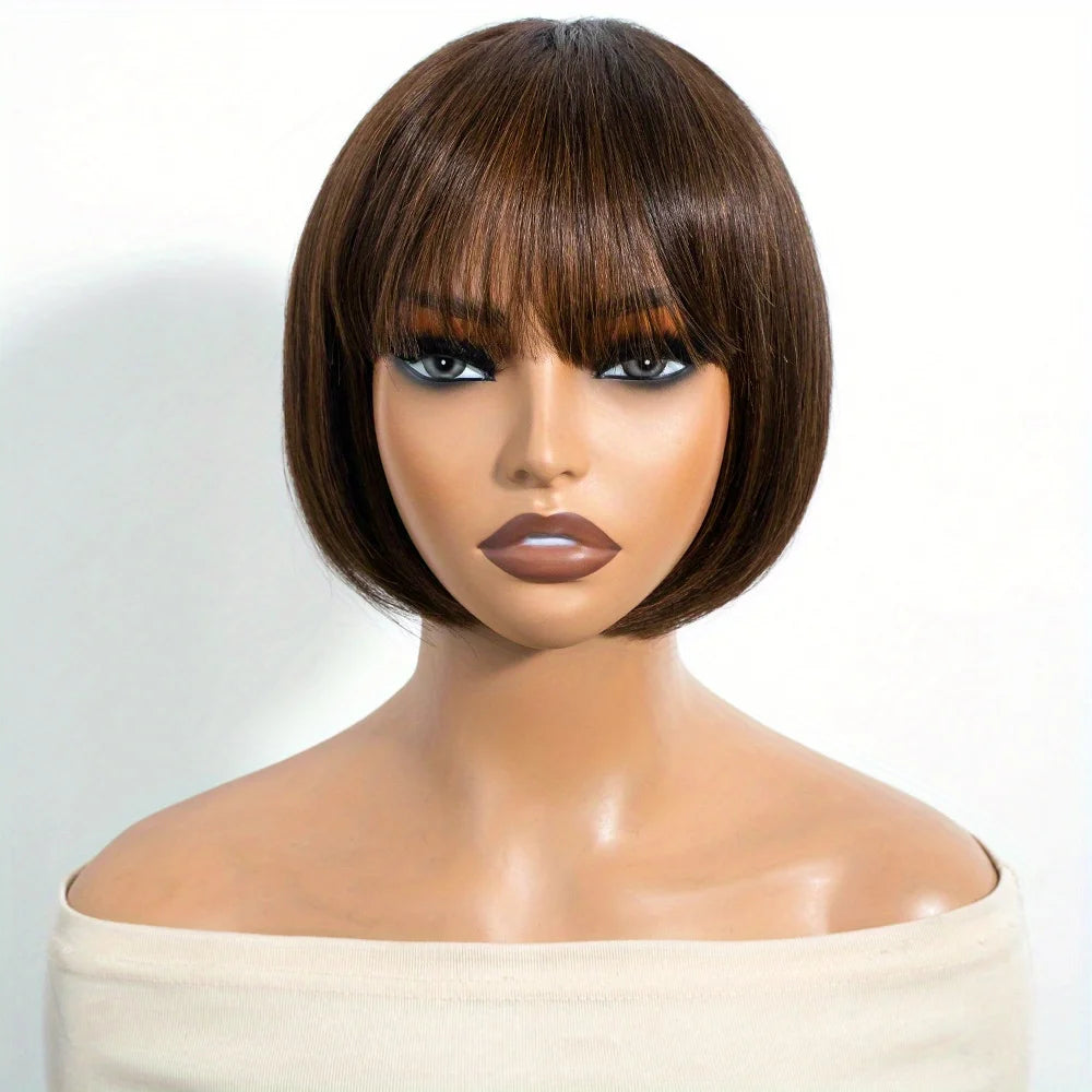 Rebecca Glueless Short Bob Wig with Bangs Dark Brown (1B/30), 8 Inch Natural Look, Machine-Made Human Hair Wig, Everyday Wear