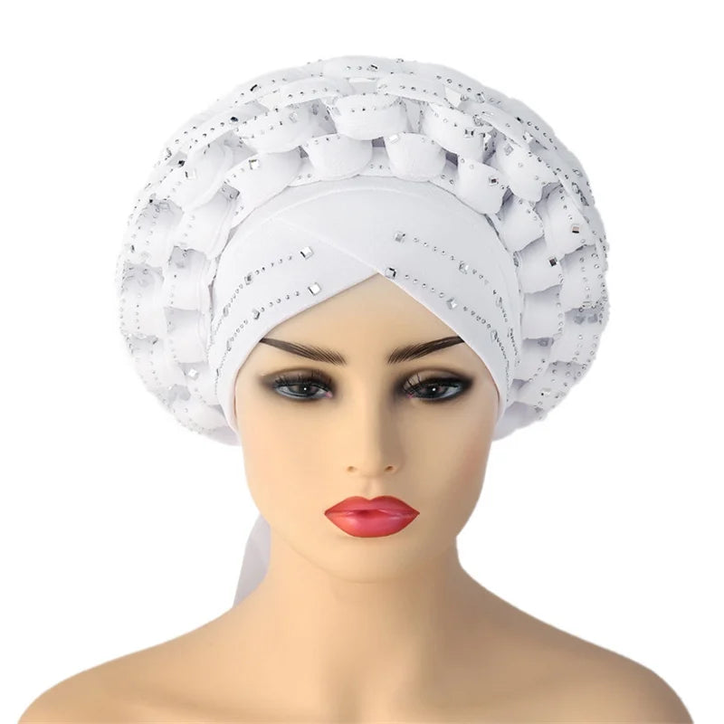 Rhinestone Auto Gele Headwrap – Sparkling African Elegance