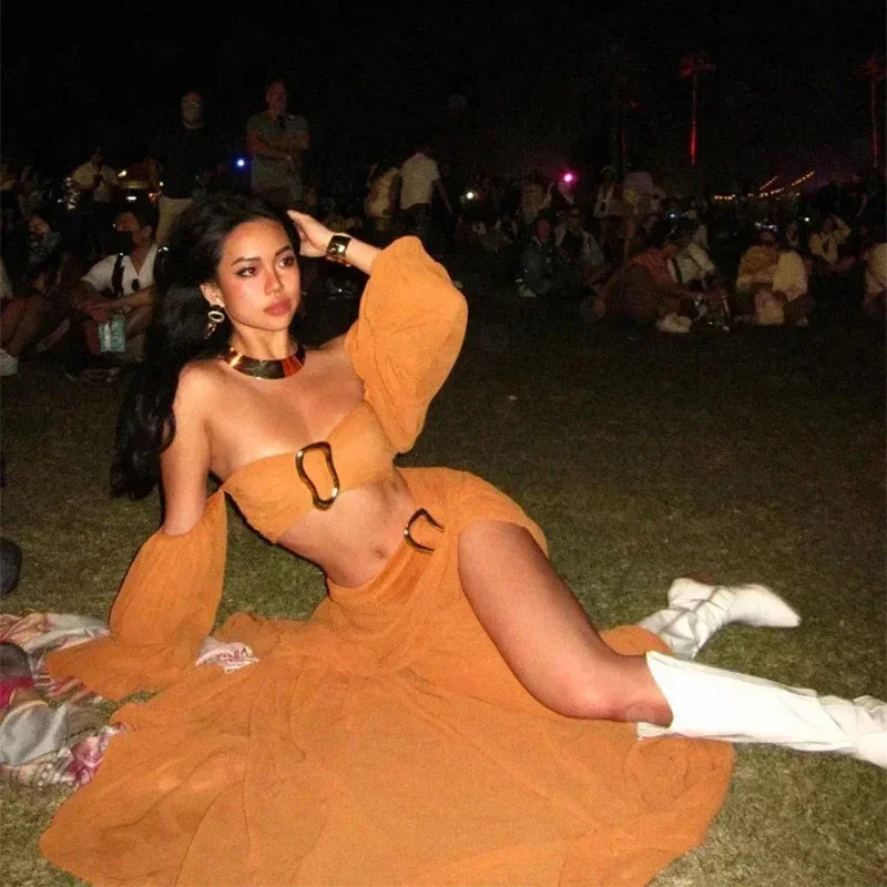 Sexy Bikini Top Skirt Set Women Long Lantern Sleeve Off Shoulder Cropped Tops Pleated Split Skirts 2025 Summer Lady Beach Outfit