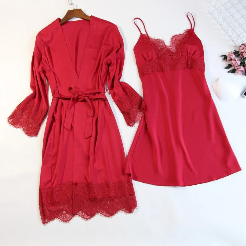 Pijama de cinco piezas para mujer, ropa de dormir para primavera y verano, camisón, bata de baño sexy de encaje, bata de satén de seda suelta para el hogar, ropa de estar en casa