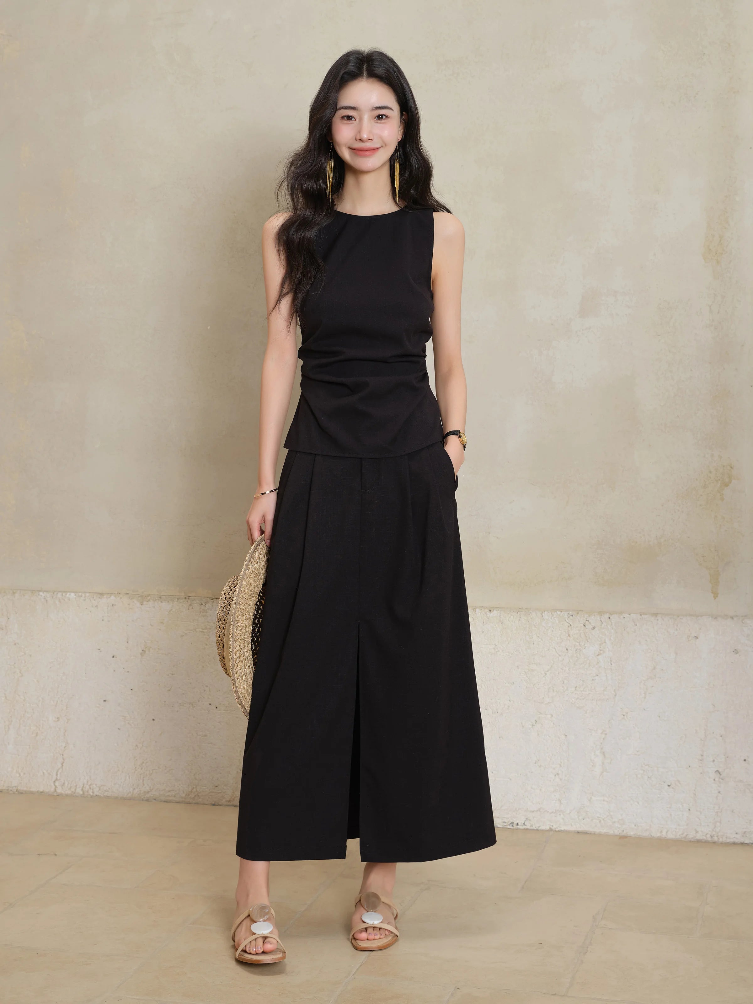 Conjunto de dos piezas de top y falda sin mangas para mujer, corte delgado, top con bajo dividido y falda maxi recta, conjunto elegante a juego de verano