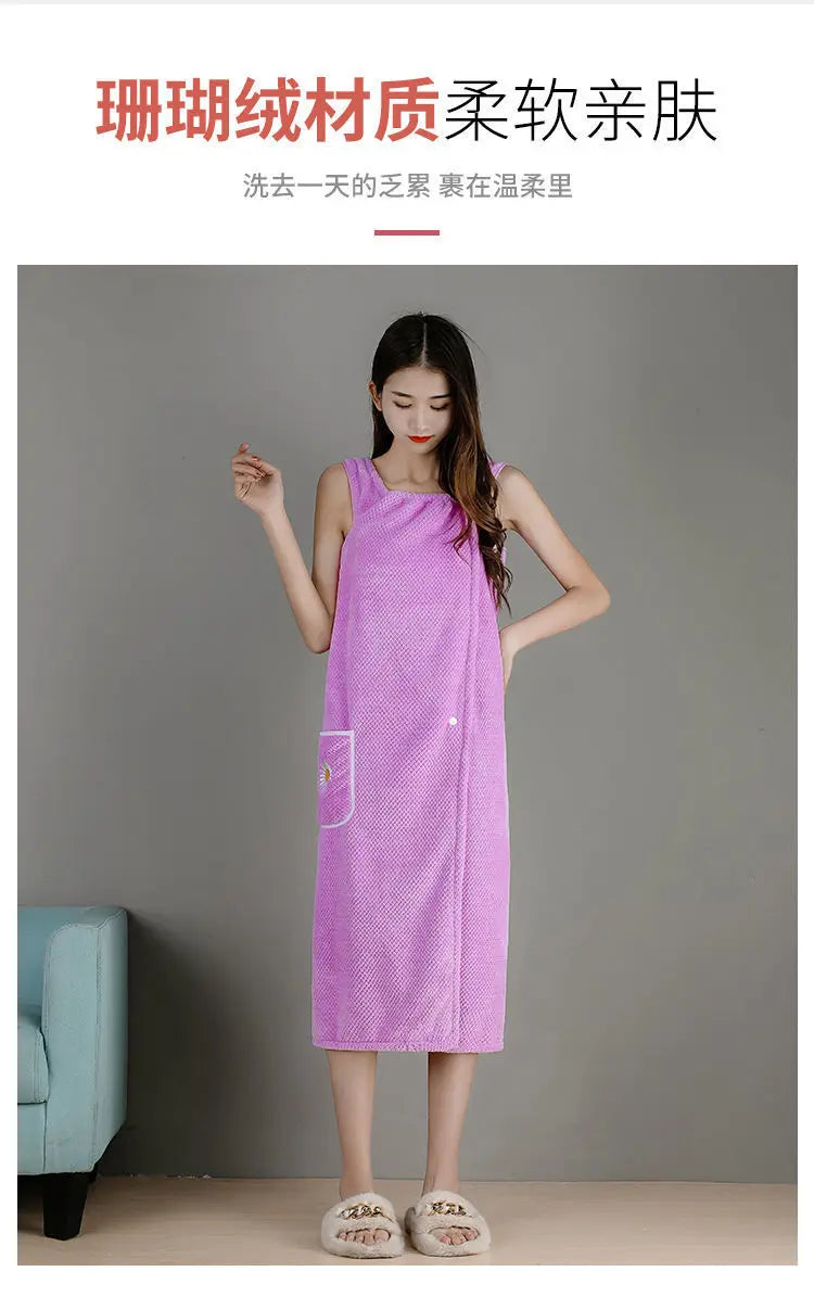 Toalla de baño para el hogar, ropa de mujer, adultos, absorbente de agua, de algodón puro, para secar el cabello, falda, estilo largo, bata de baño lavable