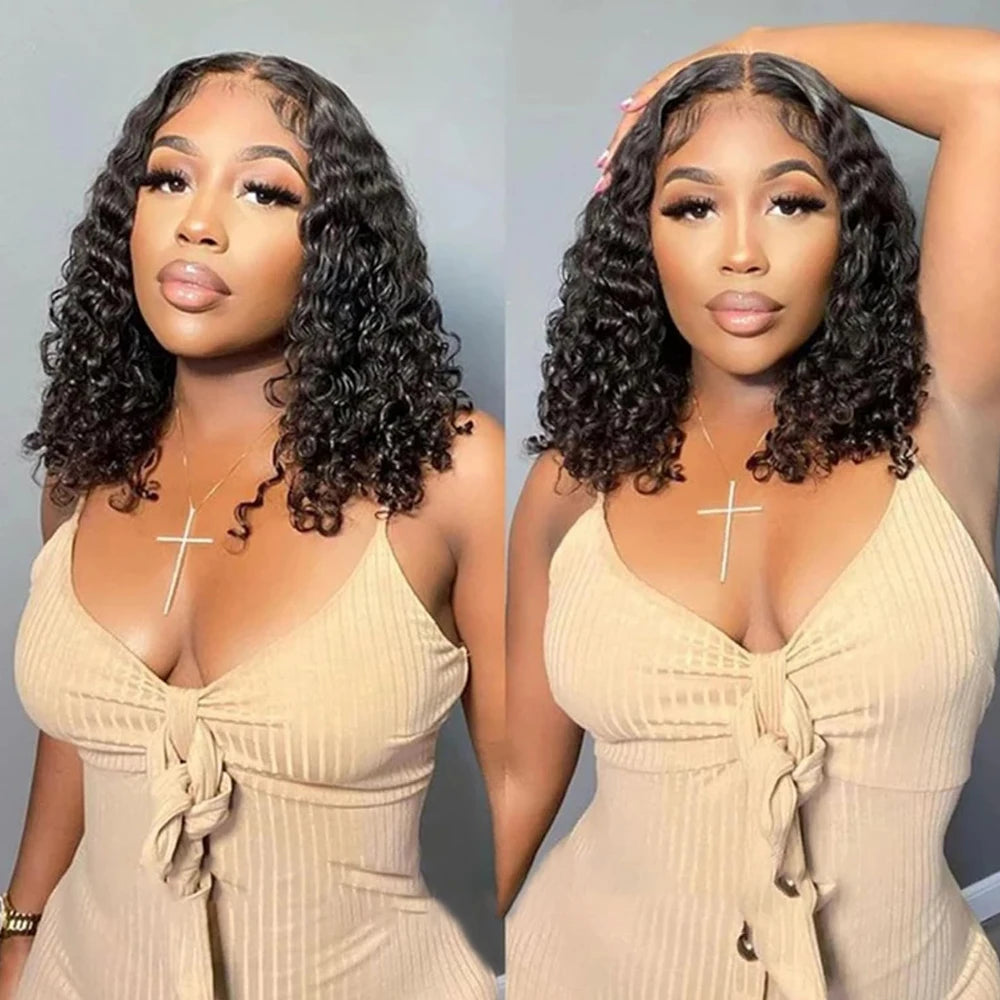 Short Curly Water Wave Human Hair Bob Wigs 13x4 HD Lace Frontal Human Hair Deep Wave Transparent Lace Front Wigs For Women 180%