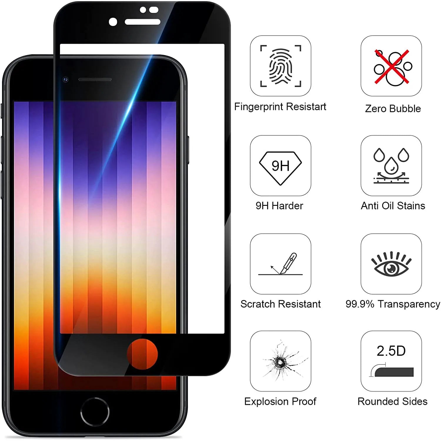 Lot de 5 films de protection d'écran en verre trempé pour iPhone 7, 8, 6, 6S Plus (SE 2020/2022)