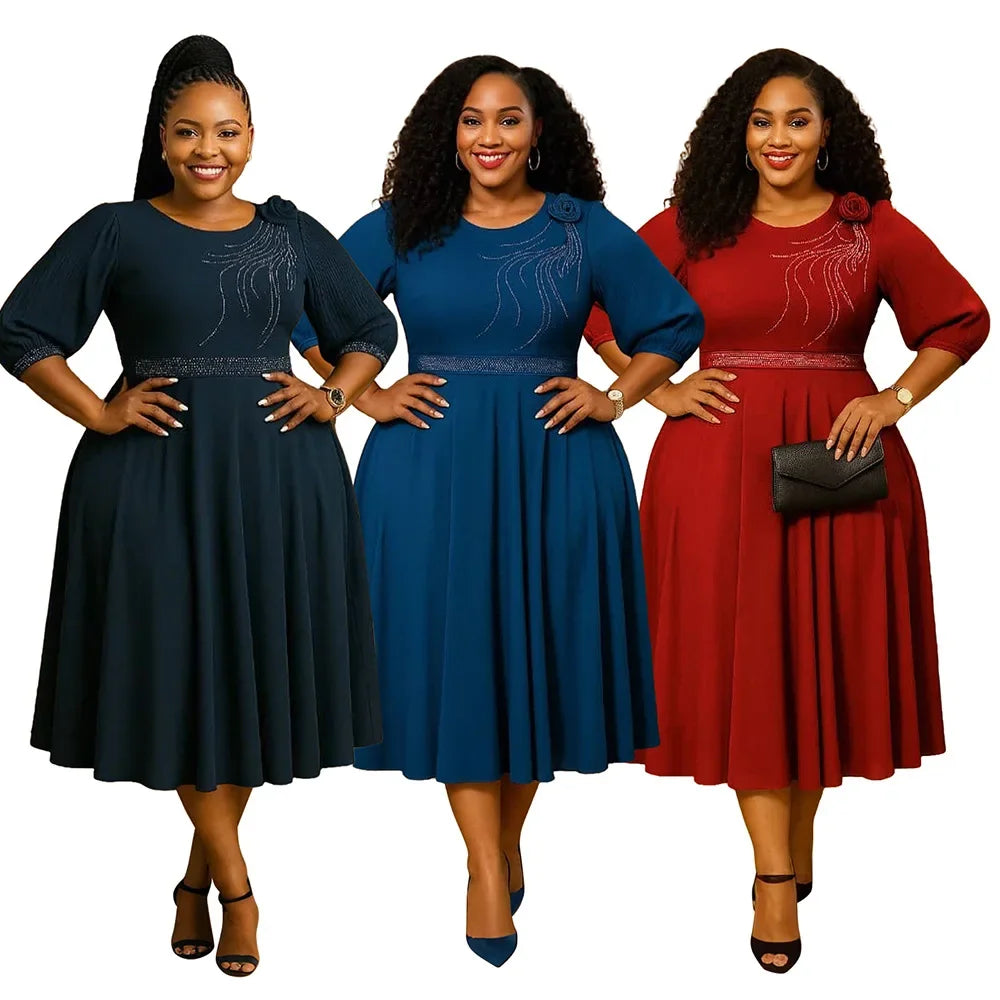African Dresses for Women Elegant 2025 Dashiki Autumn Summer Midi Dress Ladies Traditional African Clothing S-2XL Ankara Dress
