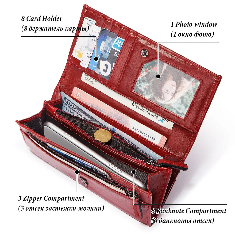 KAVIS Cartera de cuero genuino de marca de lujo para mujer, embrague largo con bolsa para teléfono celular, RFID, moda, rojo, tarjetero, bolso
