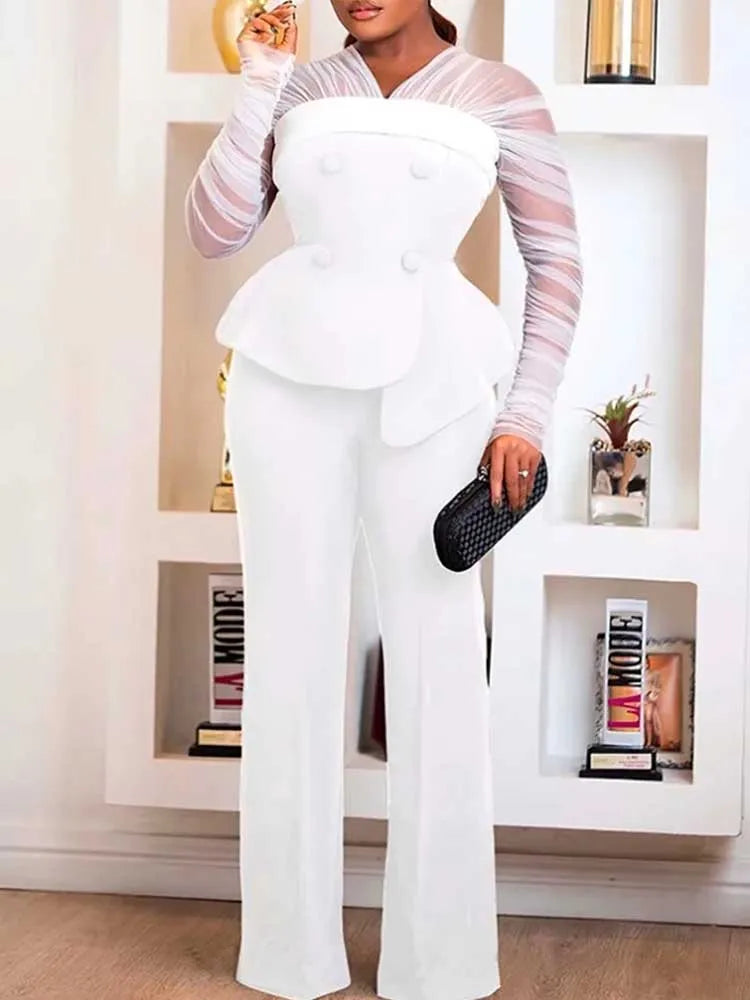 Conjunto de pantalones elegante de dos piezas para mujer, ropa de oficina femenina, top ajustado con mangas de malla blanca y pantalones holgados, conjuntos sexys y chic para primavera