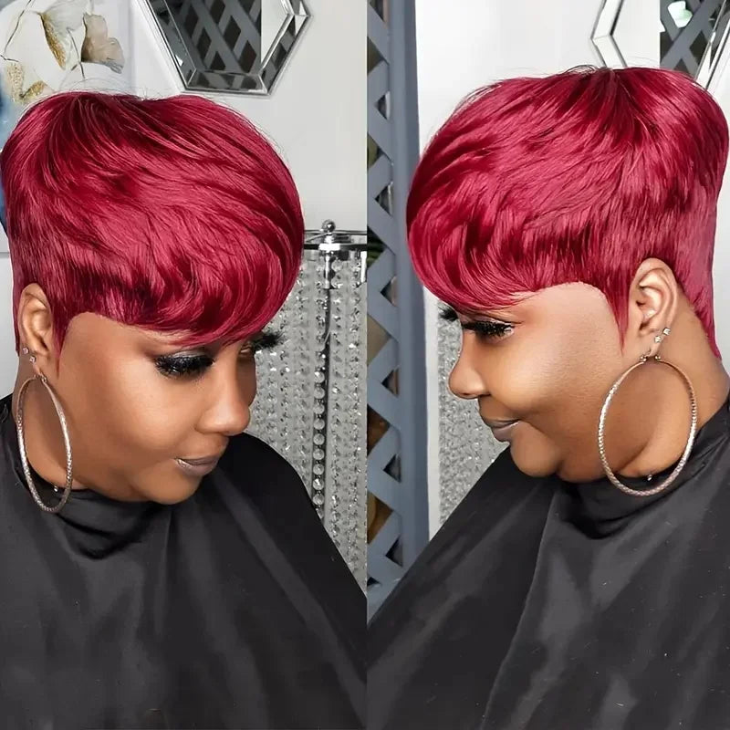 Short Layered Red Pixie Human Hair Wigs With Bangs Full Machine Made Wigs