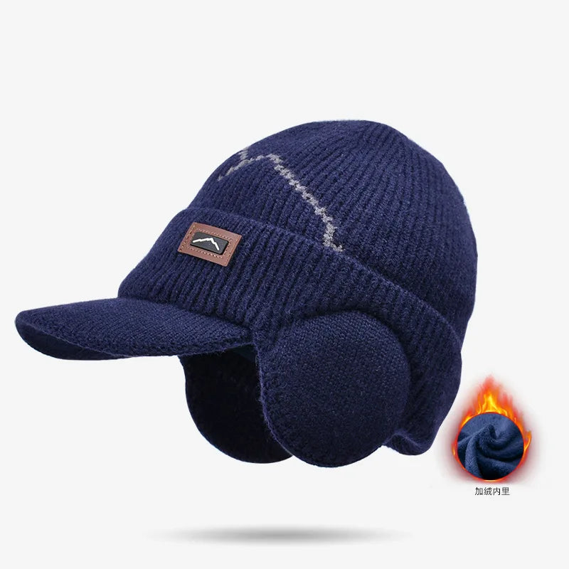 Men's Thermal Cycling Cap with Ear Flaps Winter Fleece Lined Knit Hat for Cold Weather Outdoor Bike Riding