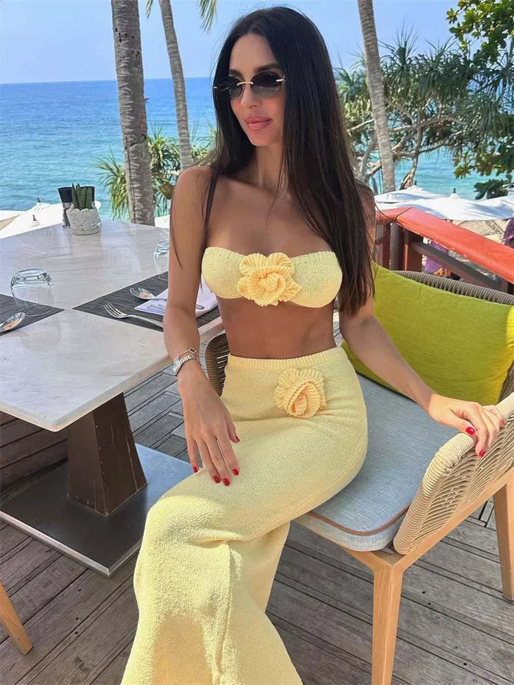 Conjunto de punto de 2 piezas para mujer, falda larga con retales florales, tops de tubo y falda de playa ajustada de cintura alta, conjuntos de punto para mujer