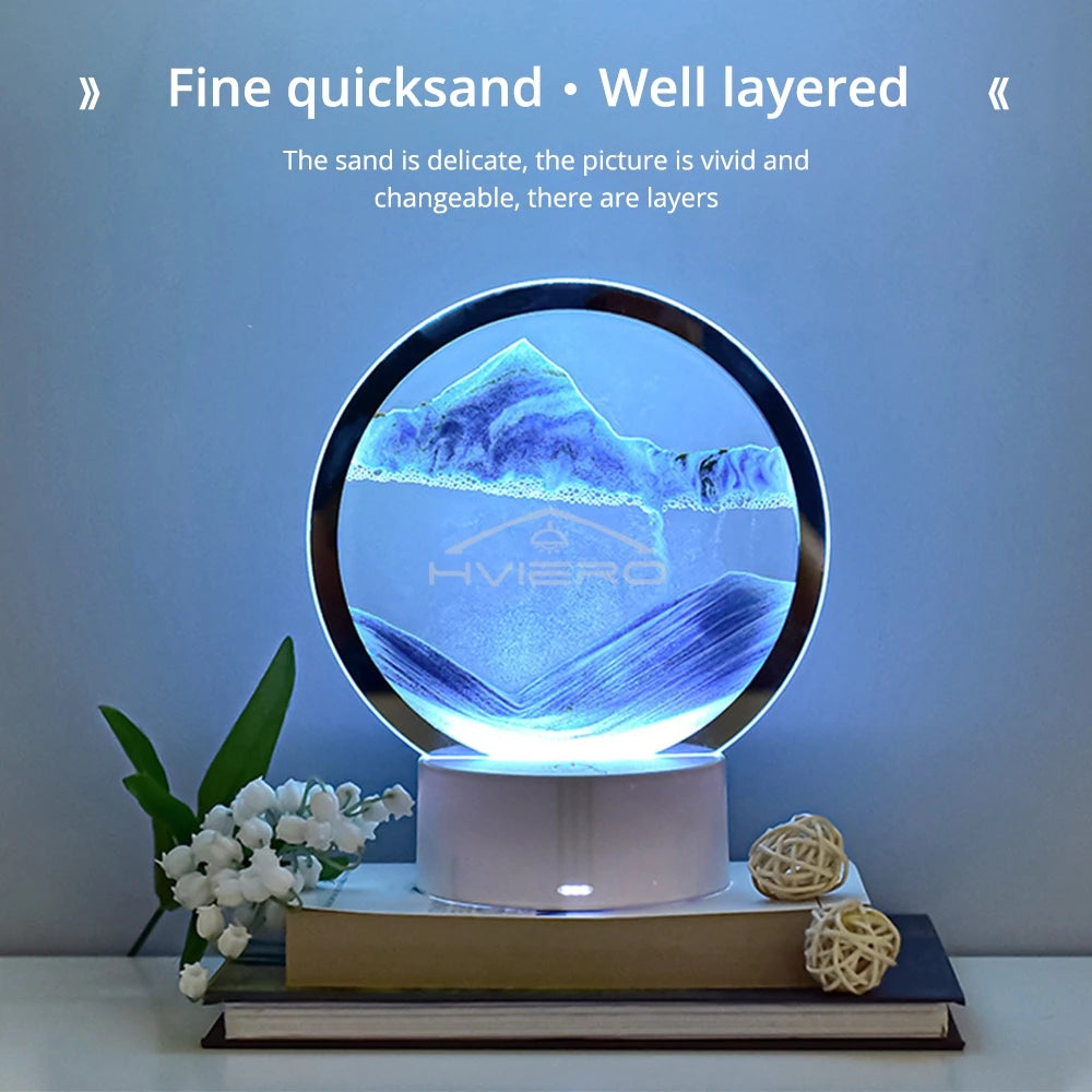Lámpara de Mesa LED Luz Nocturna de Ambiente Decoración Pintura de Arena Movediza Cristal Redondo Creativo Descompresión Tridimensional para Dormitorio