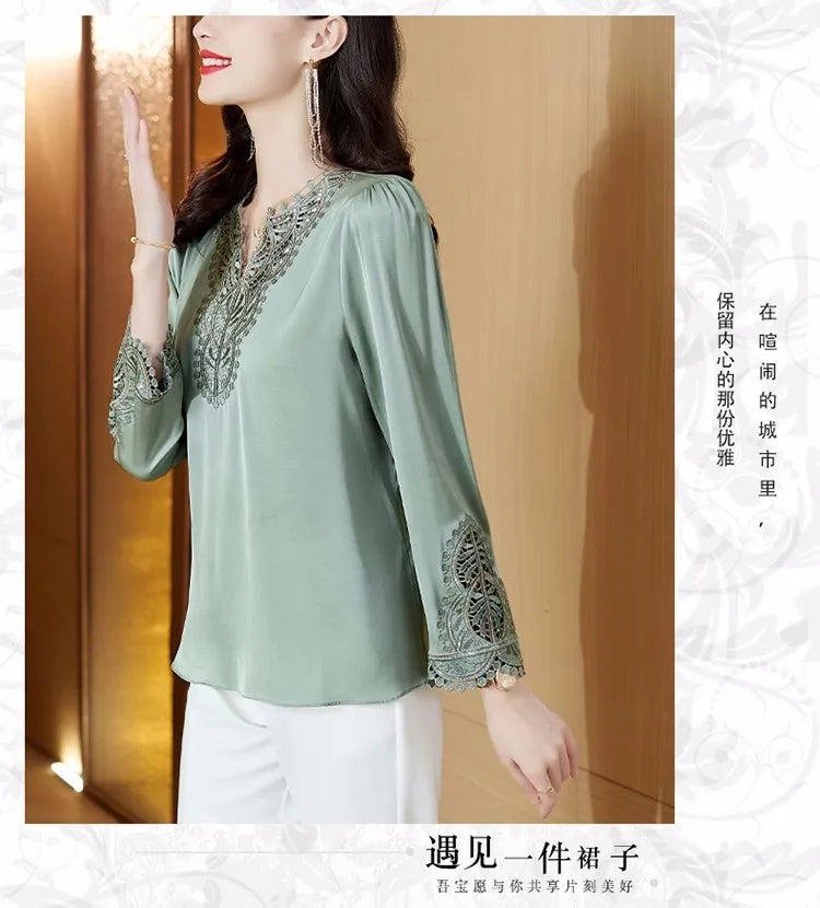 Moda Mujer Blusas de Seda Primavera Otoño Camisas de Manga Larga Bordadas Elegantes Tops de Diseño Retro para Oficina