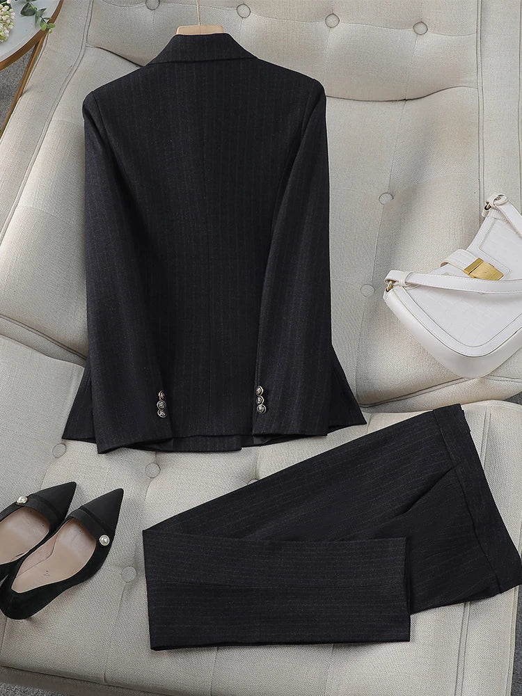 Traje de pantalón para mujer, para oficina, trabajo, conjunto de 2 piezas, blazer formal a rayas negras y azules y pantalón