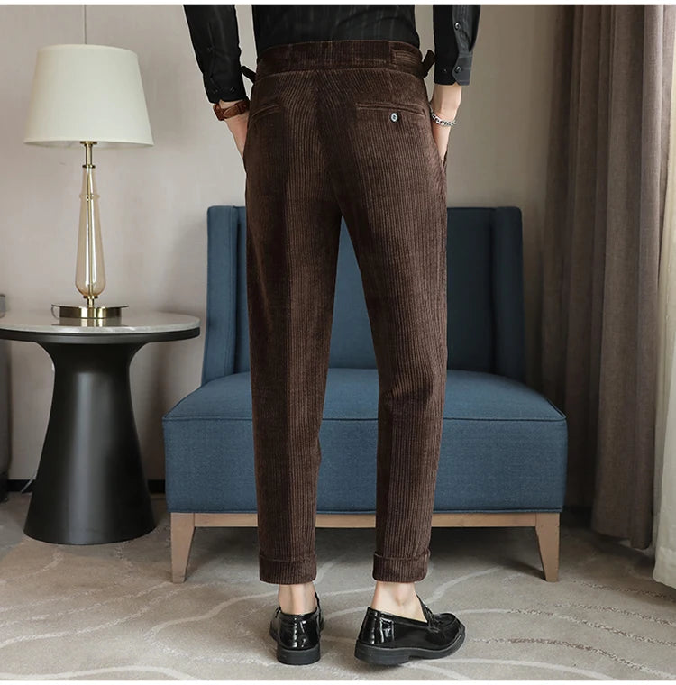 Nuevo pantalón informal de cintura alta de felpilla napolitana de lujo ligero para hombres, pantalón de vestir para hombres de ajuste delgado con sensación premium, pantalón