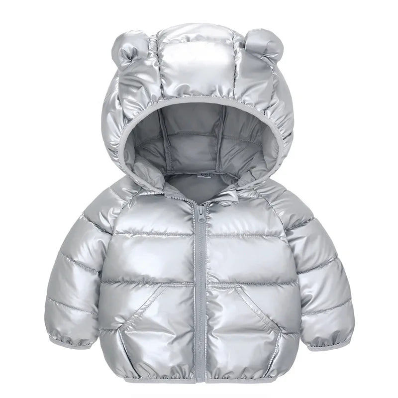 Chaqueta de invierno cálida para niños pequeños, abrigo con capucha, chaqueta lisa para niñas y niños, ropa exterior brillante, orejas bonitas, ropa para niños de 2 a 6 años