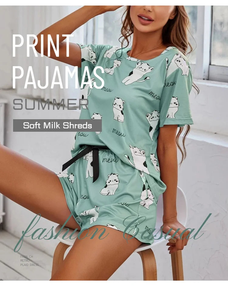Pijamas de Mujer Conjuntos de Manga Corta Parte Superior y Pantalones Ropa de Dormir 2 Piezas Pjs Ropa de Casa Conjunto de Pijama Estampado de Dibujos Animados Ropa de Dormir