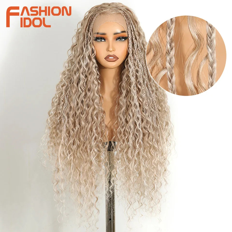 FASHION IDOL 13X4 Box Twist Braided Lace Wig For Black Women Synthetic Lace Frontal Wigs Blonde Faux Locs Wig Goddess Braids Wig