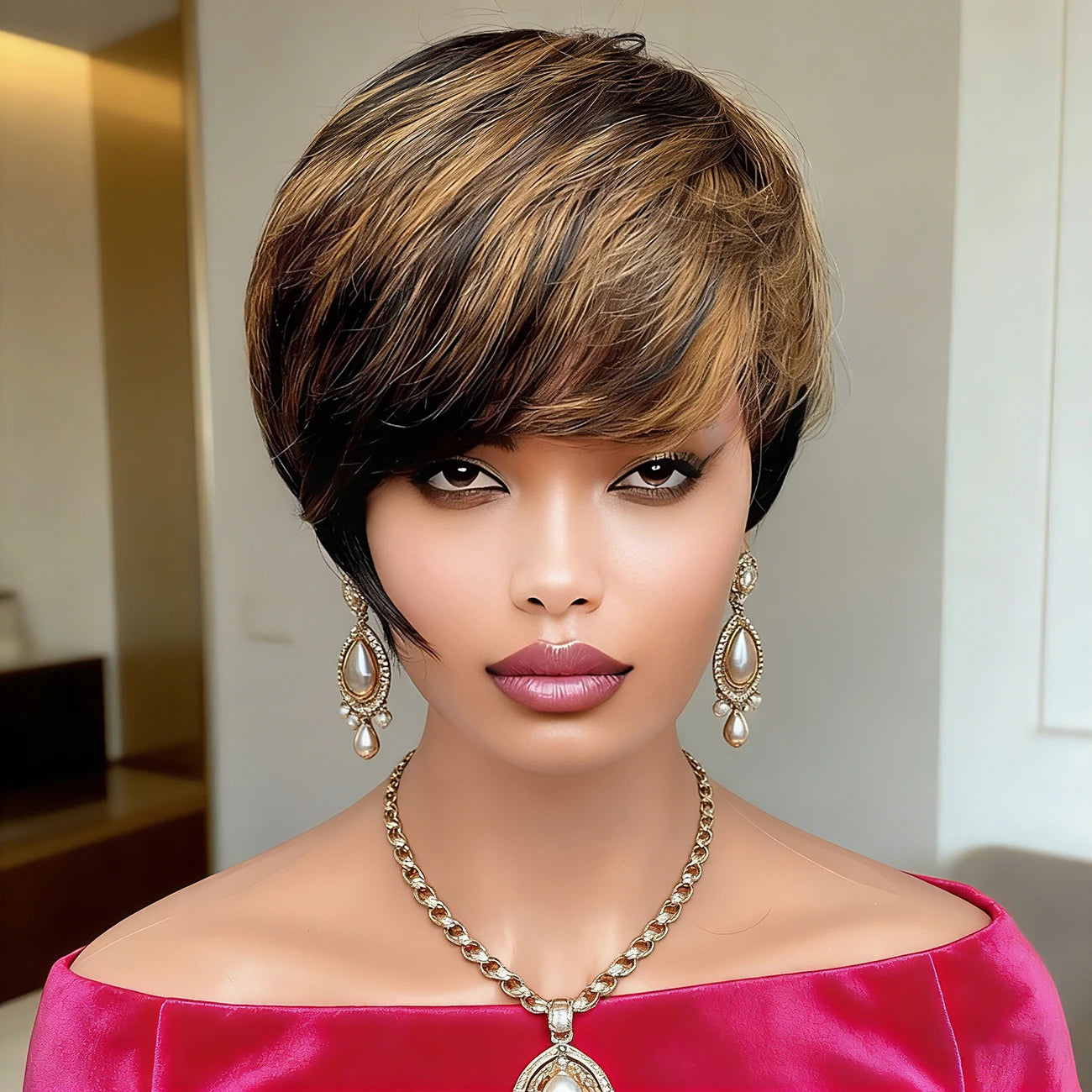 Peluca de cabello humano Pixie Cut con reflejos 1/30, pelucas cortas hechas a máquina para uso diario de mujeres