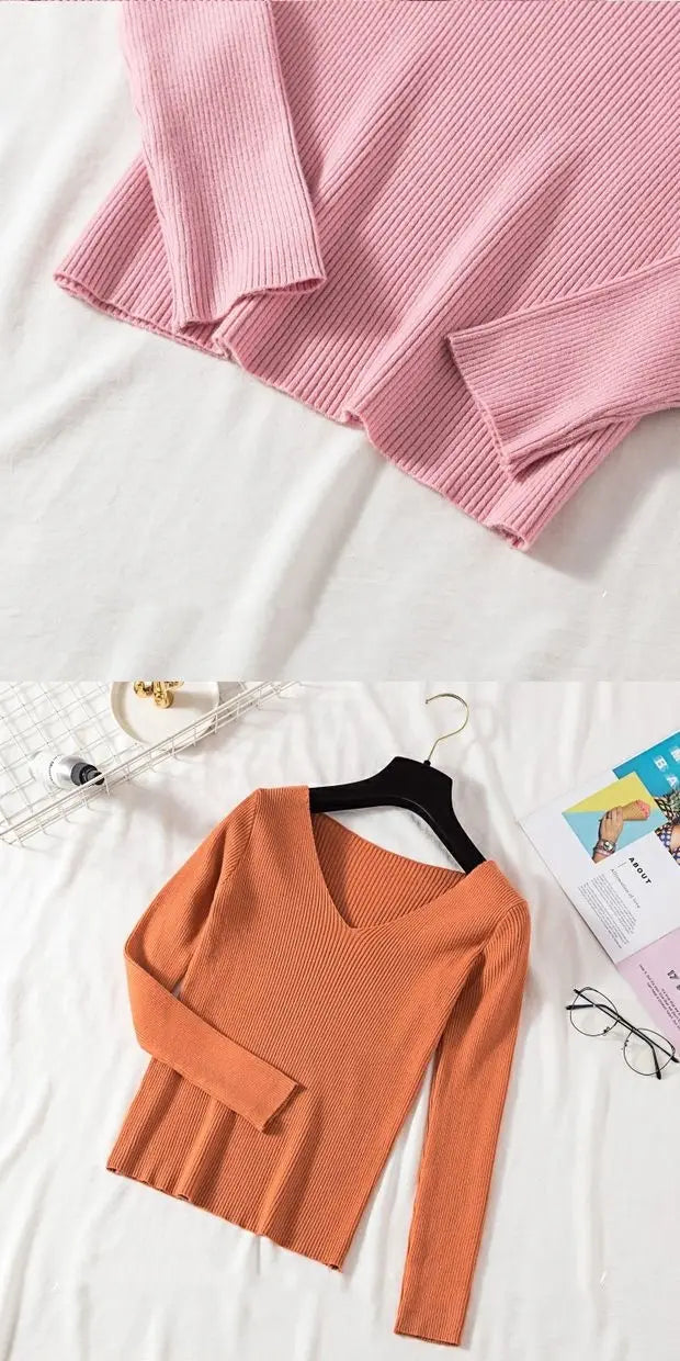 Suéter de mujer nuevo otoño invierno de manga larga jersey básico top de moda cuello en V elástico femenino invierno de punto sólido