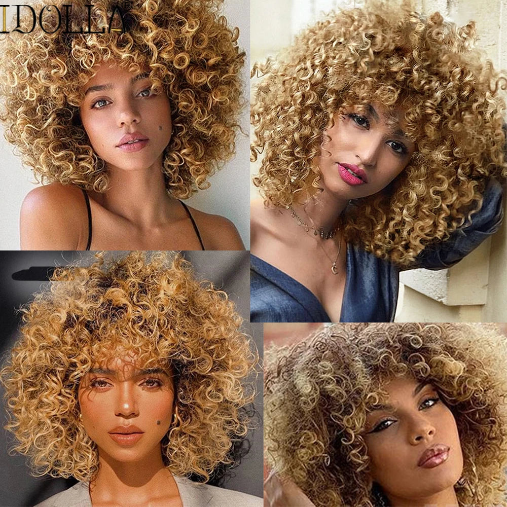 Idolla Short Curly Blonde Wig Synthetic Afro Kinky Curly Wig With Bangs For Black Women Natural Ombre Blonde Cosplay Wig