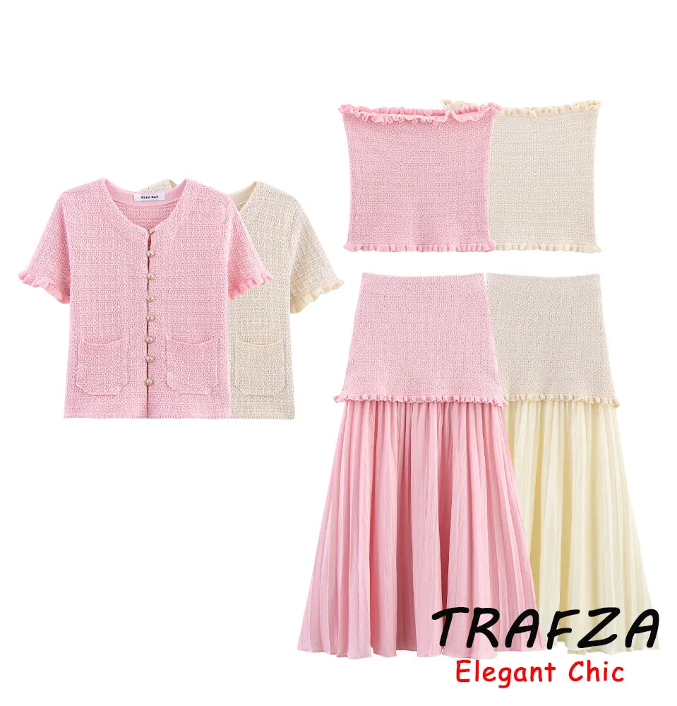 TRAFZA Conjunto elegante y chic de falda para mujer: top estilo "bandeau" o falda midi o top de manga corta. Conjunto para las vacaciones románticas de primavera-verano 2025.