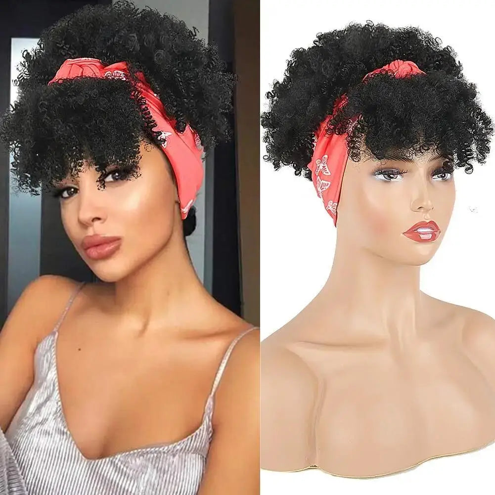 Synthetic wig short head African curly hair wig black female soft curly hair strap African headscarf wrapped around hair