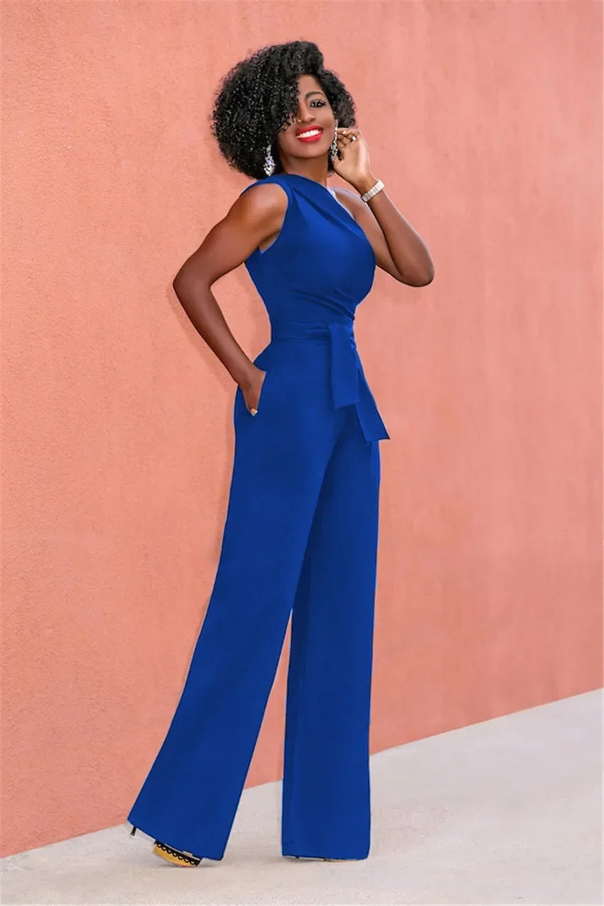 Damejumpsuit Ensfarget Skjev Krage Avskåret Topp Rette Bukser Belte Sexy Ermeløs Løse Bukser Elegant Sjarmerende Playsuits