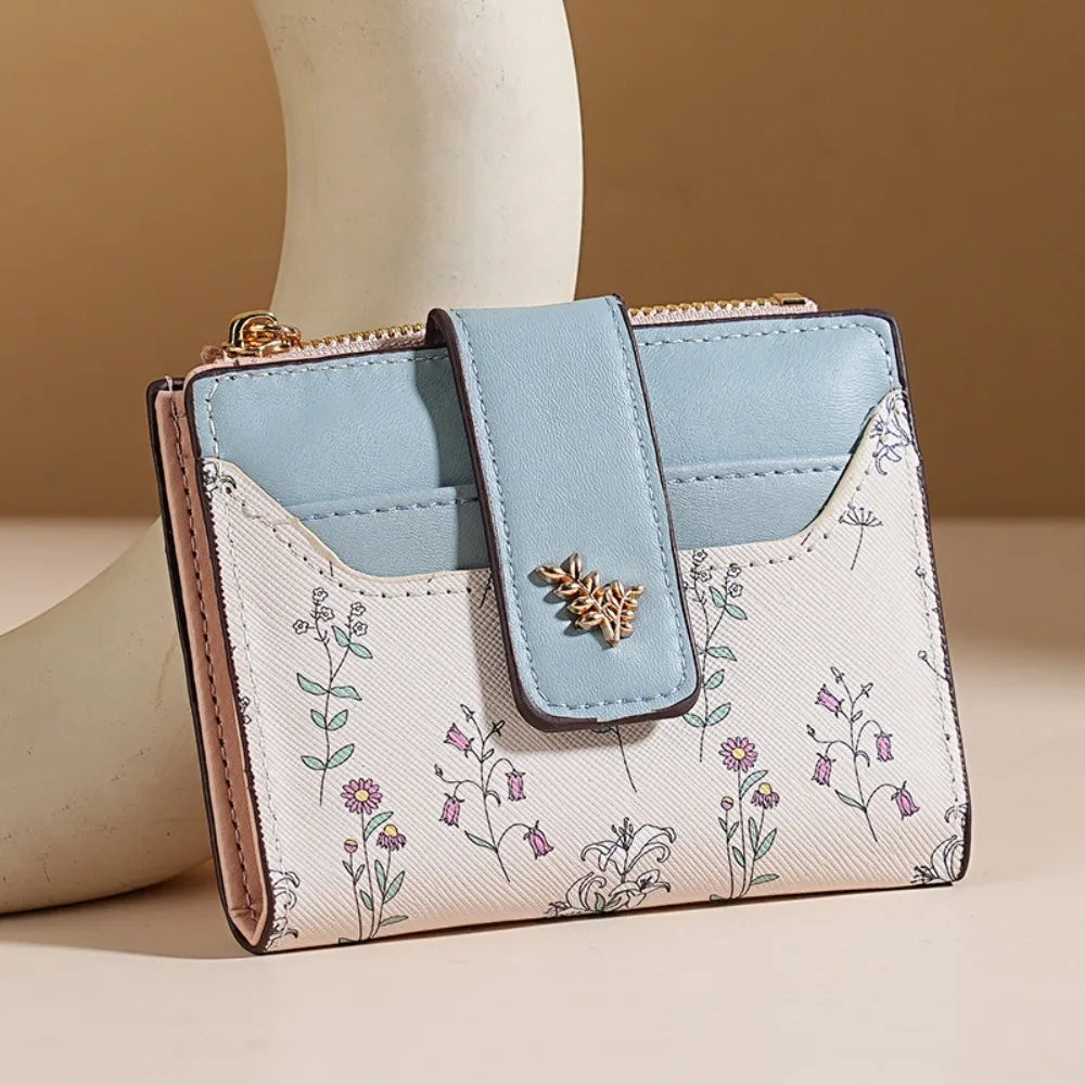 Cartera corta de piel sintética fina INS, monedero con cremallera para varias tarjetas, cierre de flores pequeñas, bolsa para tarjetas, cartera con cremallera para mujer/niña