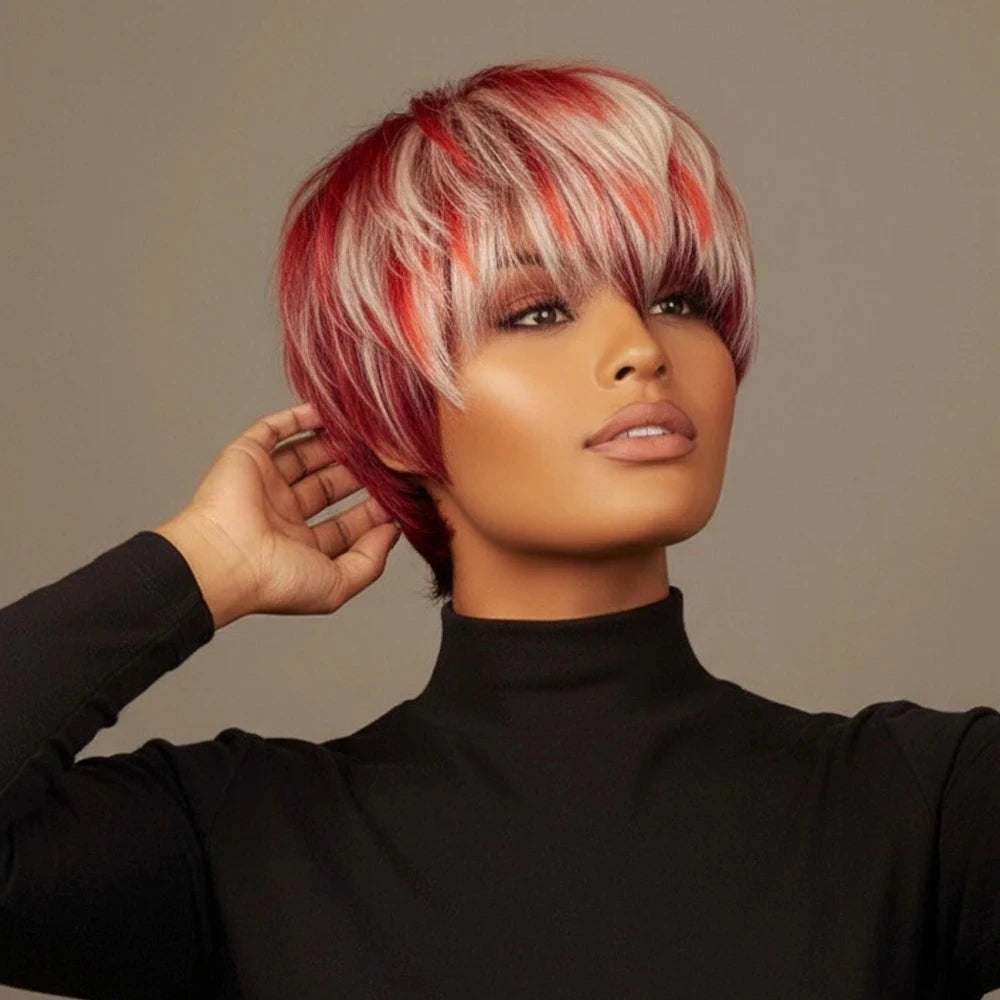  Perruque courte Pixie lisse en cheveux humains blonds et 99J avec filet rose, perruque fabriquée à la machine, aspect naturel, perruque courte 