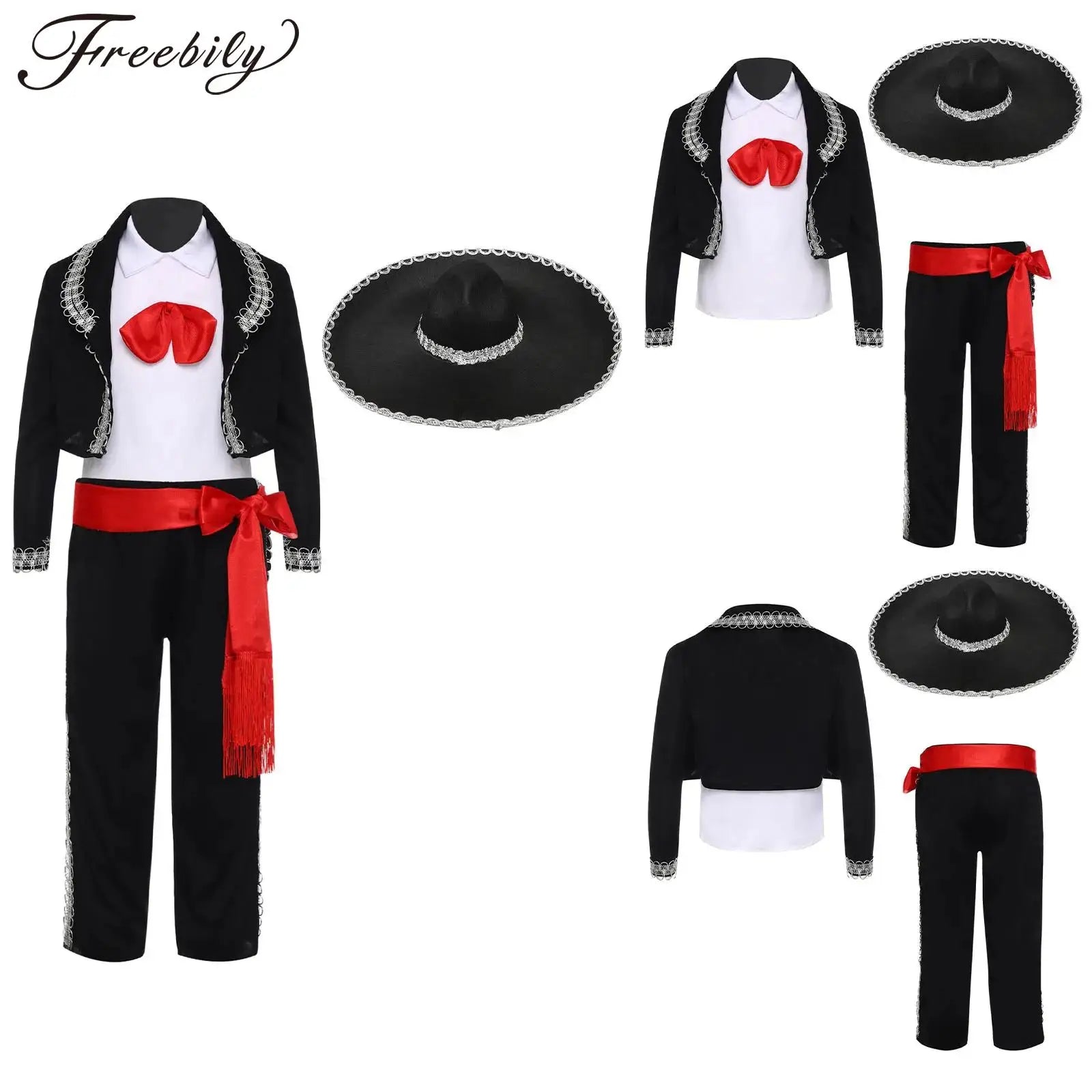 Disfraz de Halloween de Mariachi Tradicional Mexicano para Niños, Traje de Cosplay para Fiestas, Conjunto de Chaleco, Pantalones, Chaqueta, Fajín y Sombrero