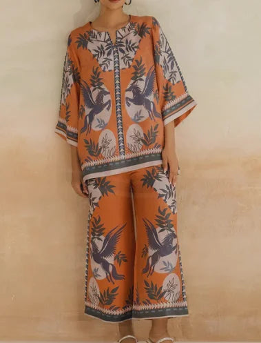 Conjunto de pantalones largos estampados para mujer, elegante camisa de manga larga con cuello en V, pantalón ancho holgado, traje de verano de 2 piezas para mujer, estilo urbano