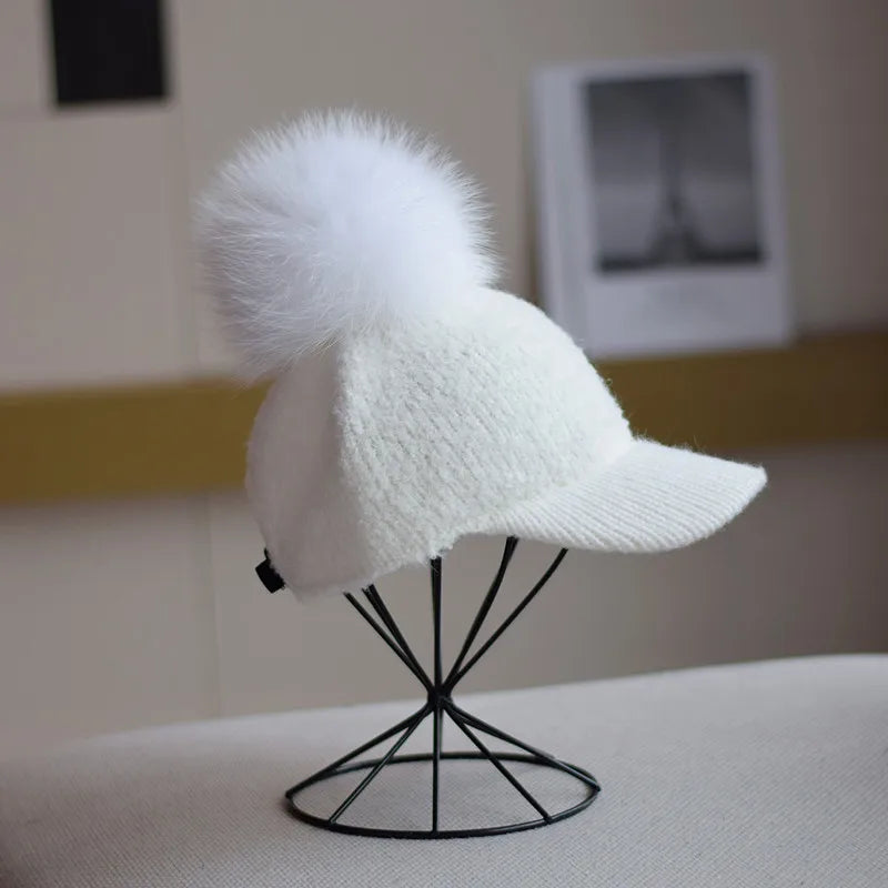 Gorra de béisbol unisex de invierno de moda para mujer, gorro de papá de lana de cordero de lujo con pompón de piel, gorra de papá cálida para invierno al aire libre de Hip Hop