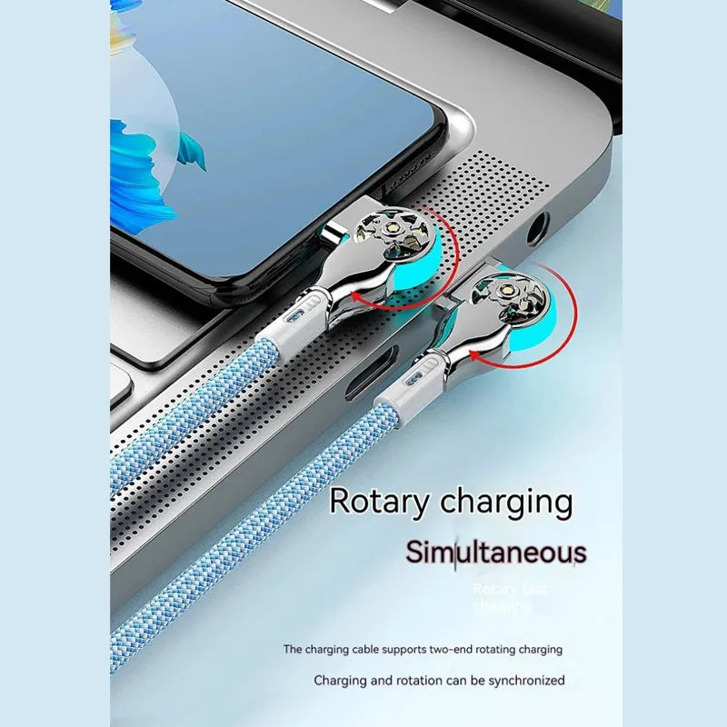 Cable de carga rápida con rotación dual de 180° Tipo C Micro USB Cargador con luz Aleación de zinc Cable de datos trenzado para Android iPhone