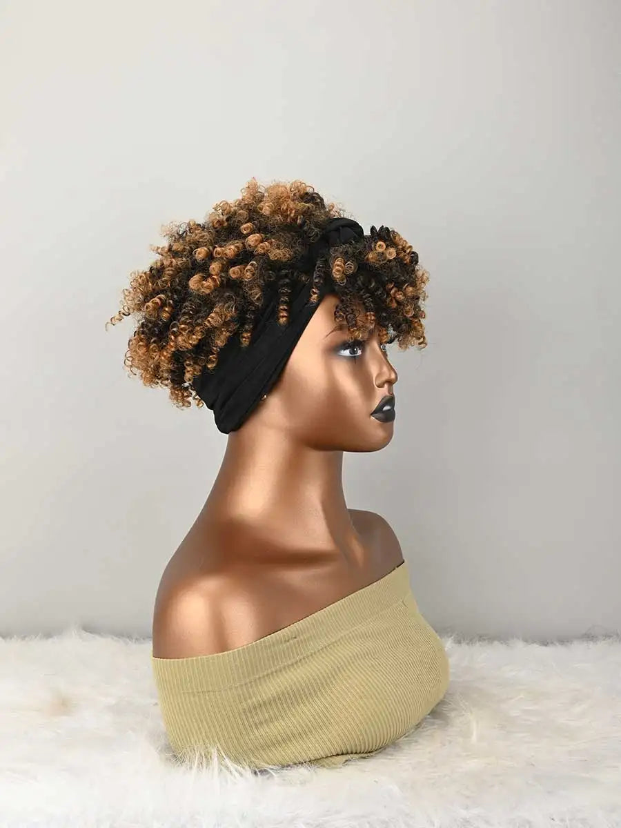Headband Wig Curly Headband Wig With Bangs For Women Synthetic Afro Curly Hair Wig With Headband Attached Short Kinky Curly Afro High Puff With Bangs Stripes Short Red Curly Wigs with Bangs for Women, Natural Wavy Synthetic W